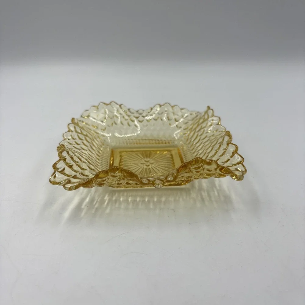 MCM Federal Glass‎ Amber Square Shape Diamond Point Ruffled Candy/Trinket Dish